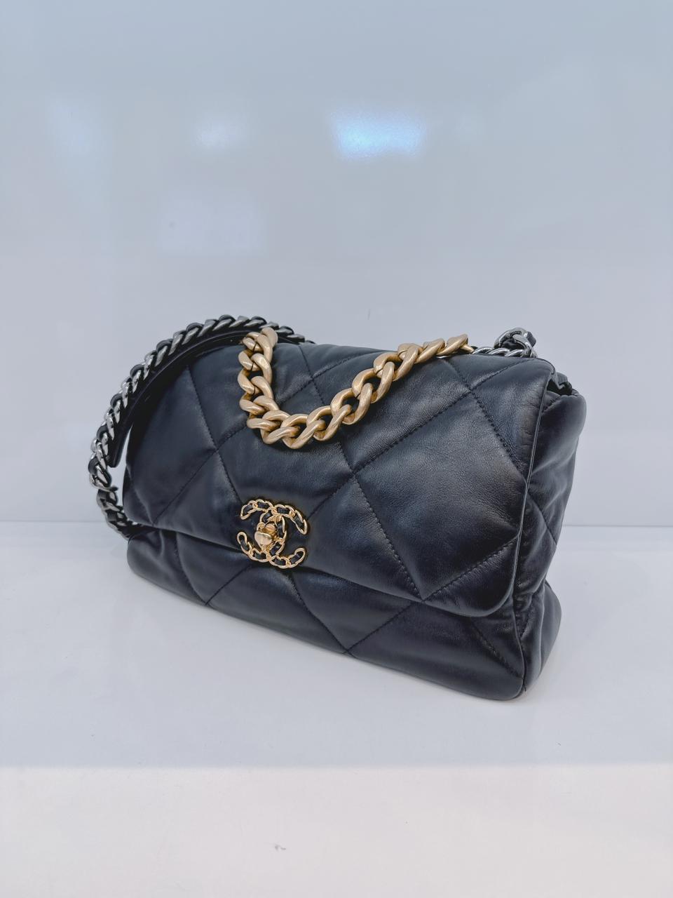 BLACK SHINY LAMBSKIN QUILTED CHANEL 19 LARGE FLAP  BAG