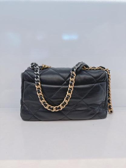 BLACK SHINY LAMBSKIN QUILTED CHANEL 19 LARGE FLAP  BAG