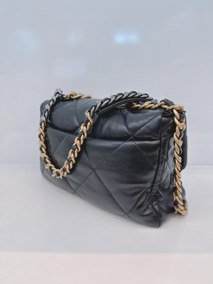 BLACK SHINY LAMBSKIN QUILTED CHANEL 19 LARGE FLAP  BAG