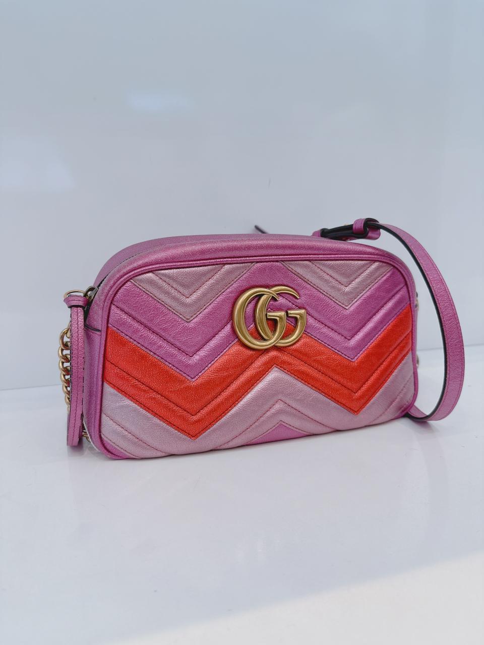 PINK ROSE LAMINATED MATELASSE LEATHER SMALL GG MARMONT CHAIN SHOULDER BAG