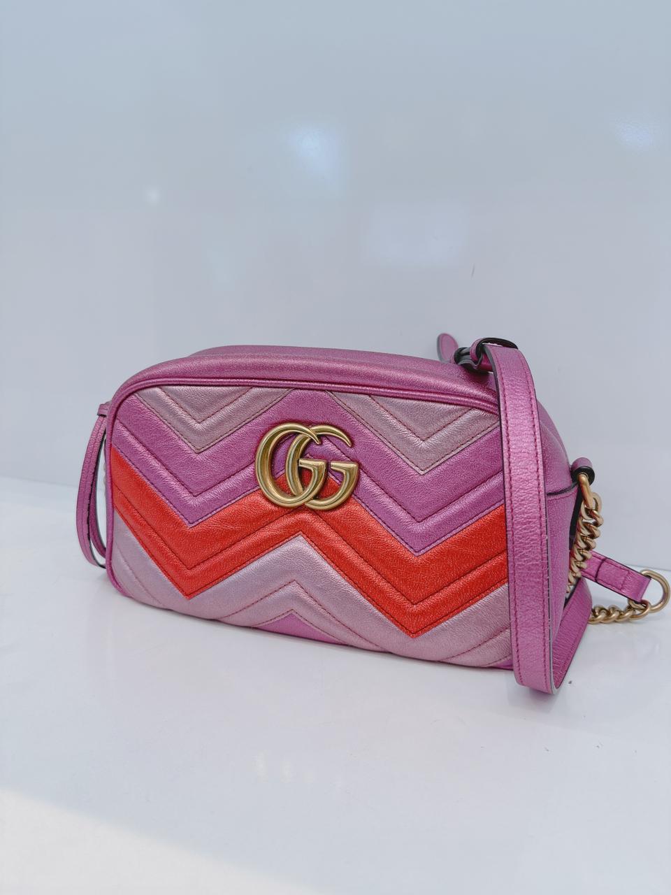 PINK ROSE LAMINATED MATELASSE LEATHER SMALL GG MARMONT CHAIN SHOULDER BAG