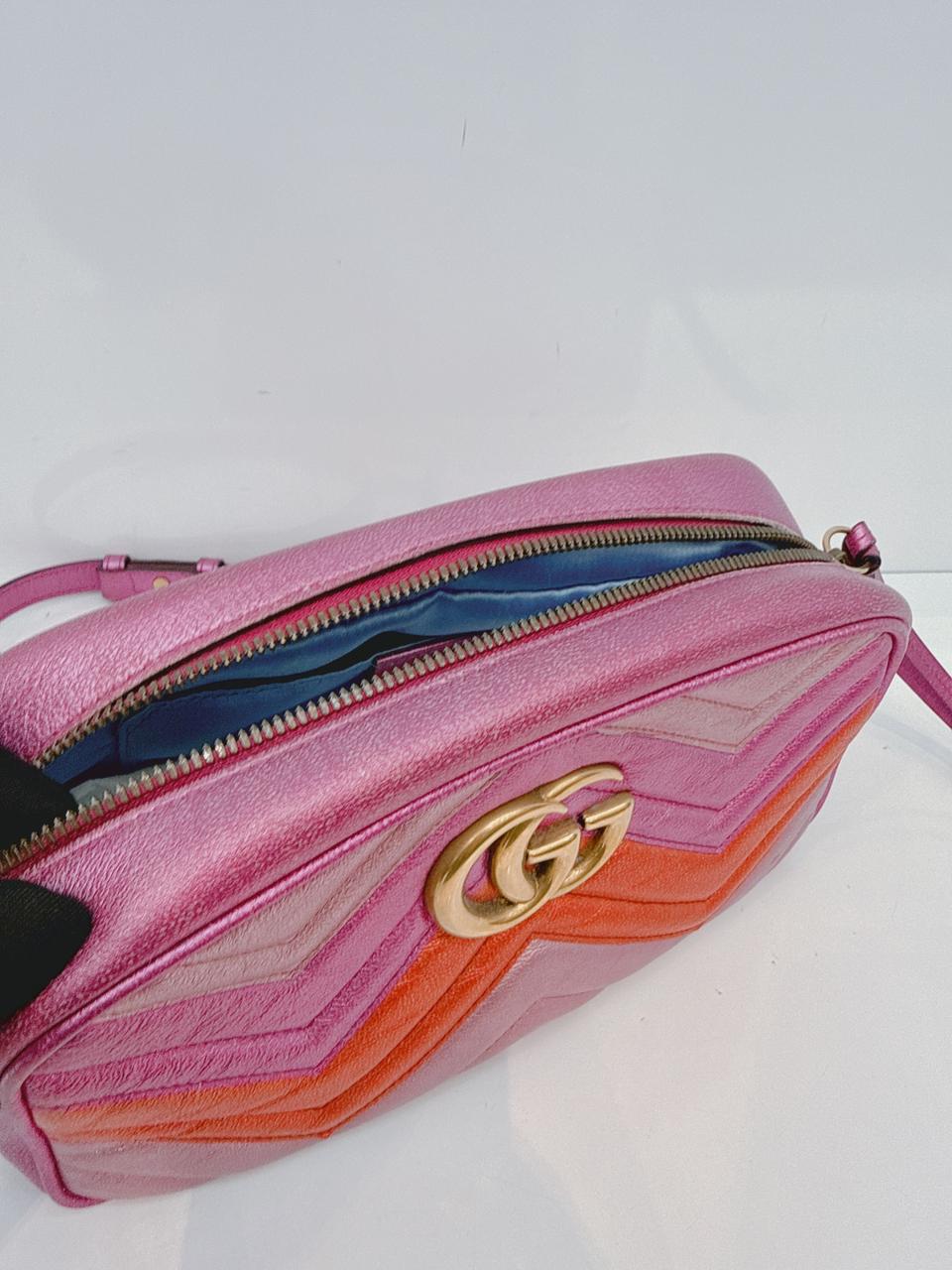 PINK ROSE LAMINATED MATELASSE LEATHER SMALL GG MARMONT CHAIN SHOULDER BAG