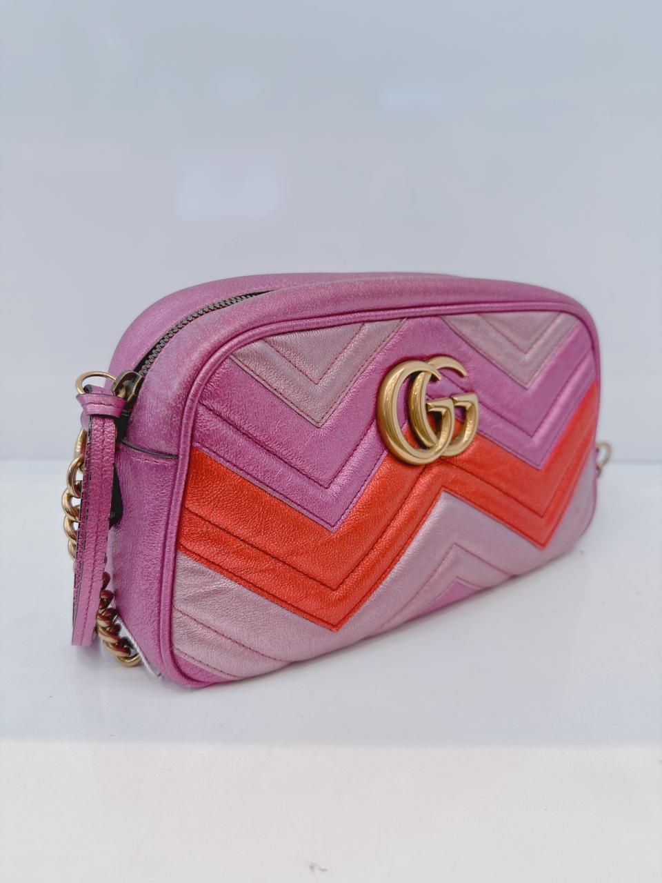 PINK ROSE LAMINATED MATELASSE LEATHER SMALL GG MARMONT CHAIN SHOULDER BAG