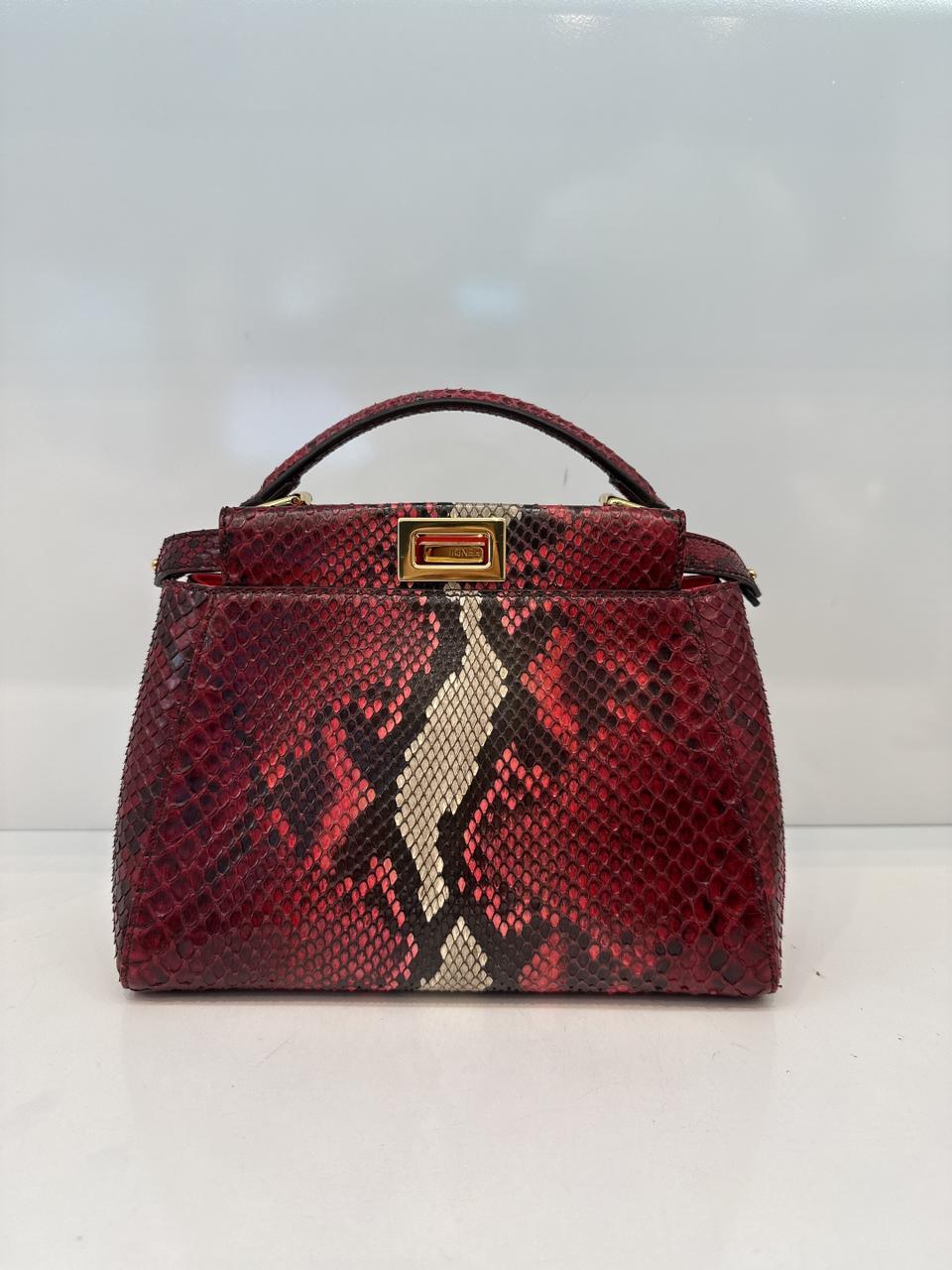 RED BEIGE SNAKESKIN SHINY NAPPA LEATHER ICONIC MINI PEEKABOO BAG