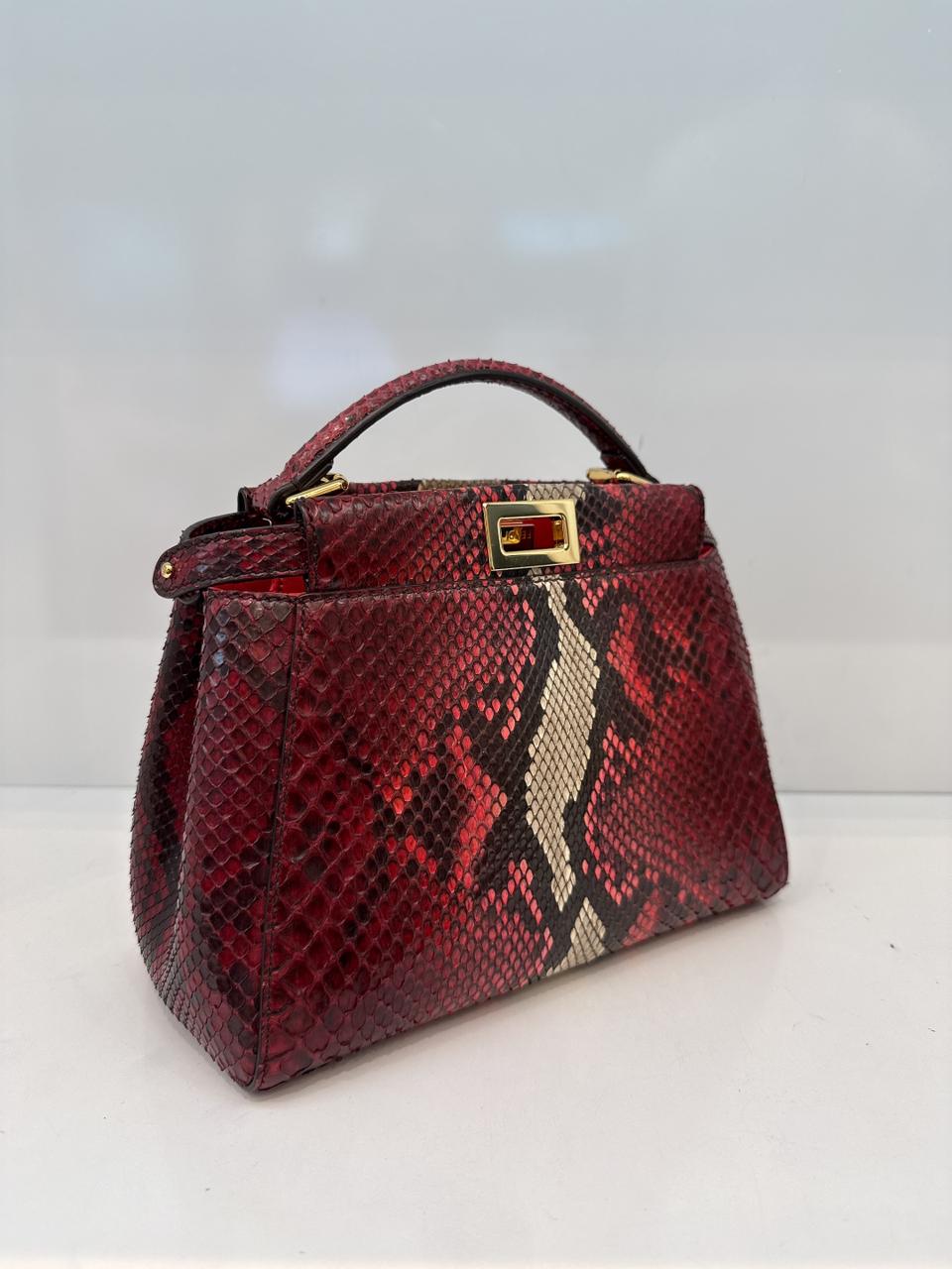 RED BEIGE SNAKESKIN SHINY NAPPA LEATHER ICONIC MINI PEEKABOO BAG