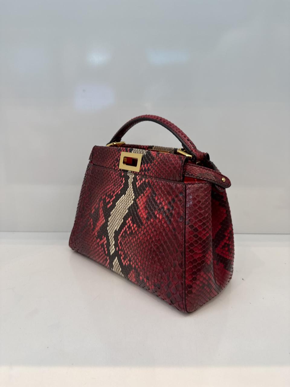 RED BEIGE SNAKESKIN SHINY NAPPA LEATHER ICONIC MINI PEEKABOO BAG