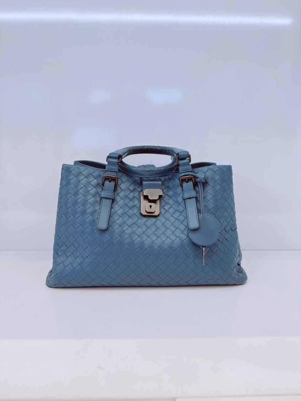 LIGHT BLUE SMALL NAPPA INTRECCIATO ROMA SATCHEL BAG