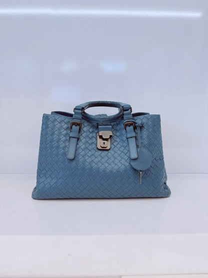 LIGHT BLUE SMALL NAPPA INTRECCIATO ROMA SATCHEL BAG