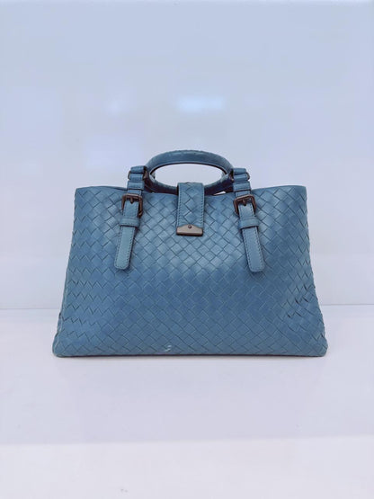 LIGHT BLUE SMALL NAPPA INTRECCIATO ROMA SATCHEL BAG