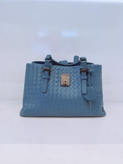 LIGHT BLUE SMALL NAPPA INTRECCIATO ROMA SATCHEL BAG