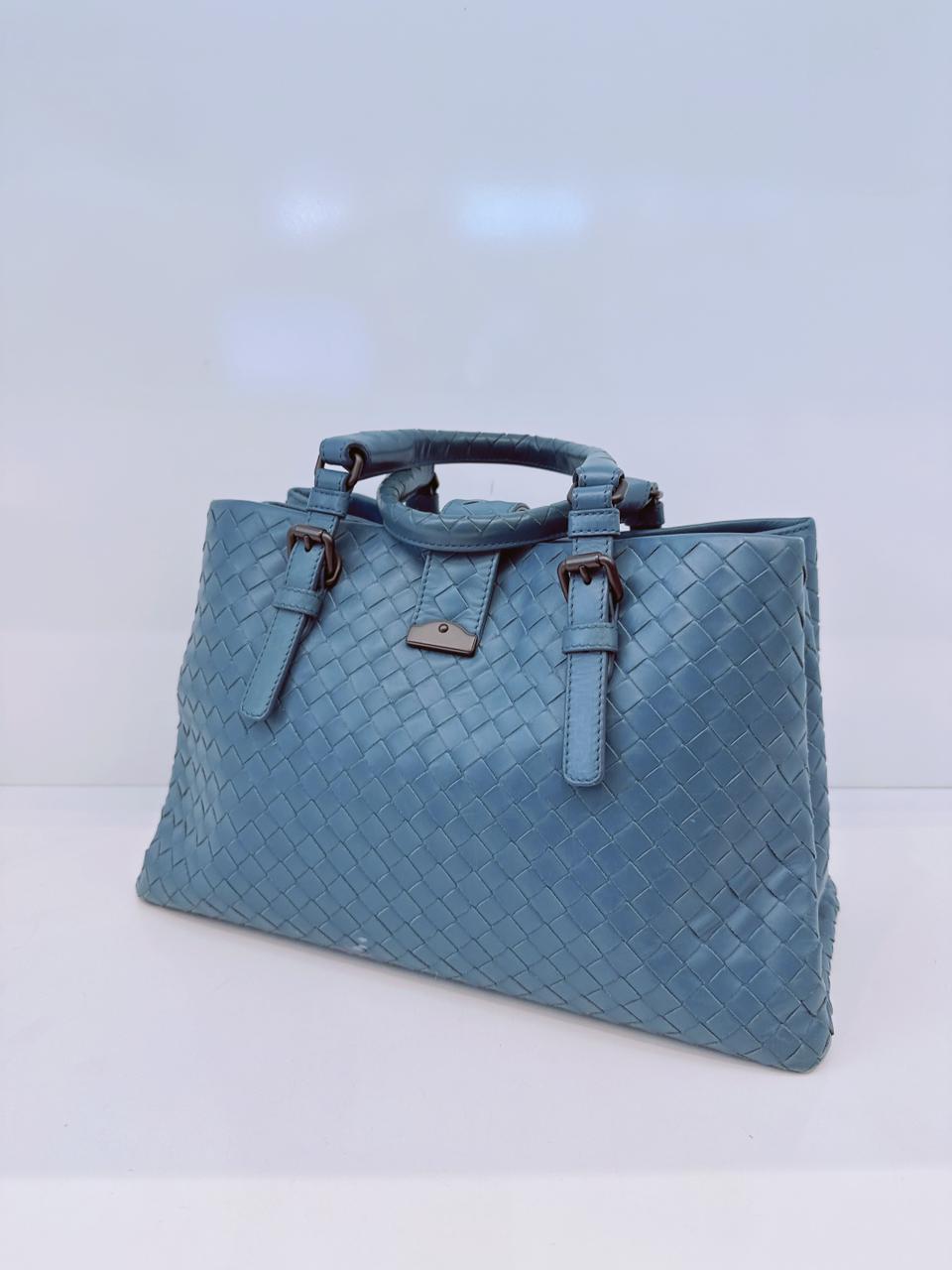 LIGHT BLUE SMALL NAPPA INTRECCIATO ROMA SATCHEL BAG