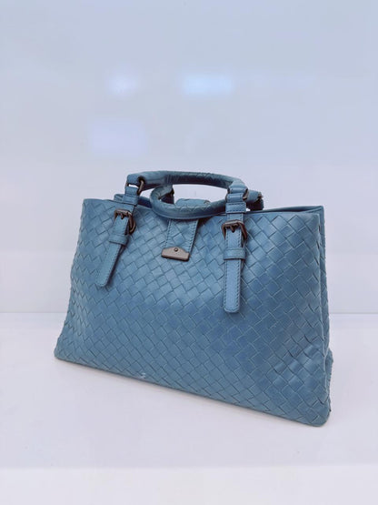 LIGHT BLUE SMALL NAPPA INTRECCIATO ROMA SATCHEL BAG