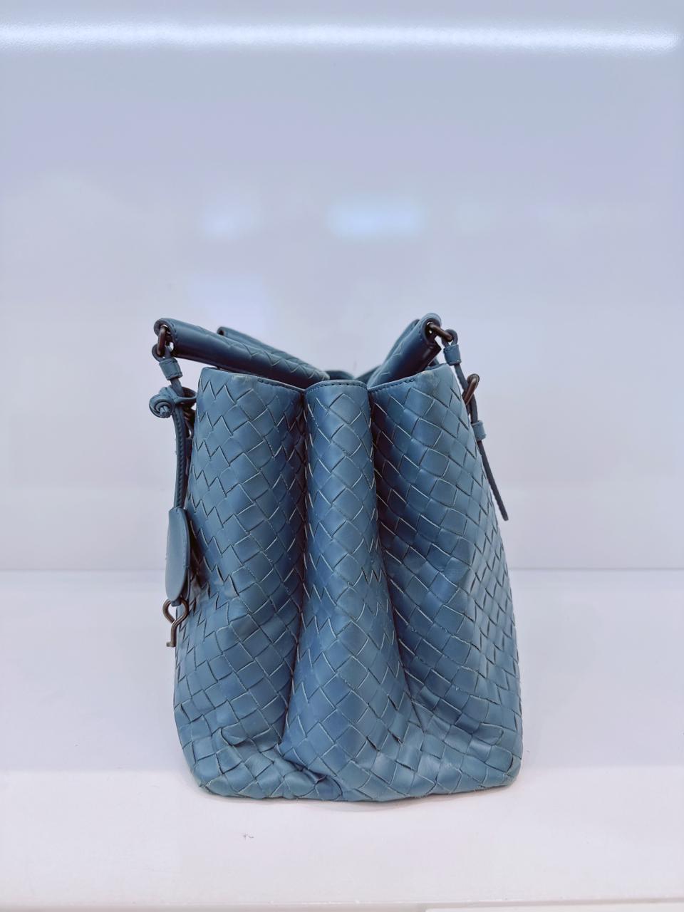 LIGHT BLUE SMALL NAPPA INTRECCIATO ROMA SATCHEL BAG