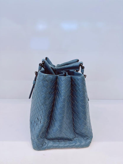 LIGHT BLUE SMALL NAPPA INTRECCIATO ROMA SATCHEL BAG