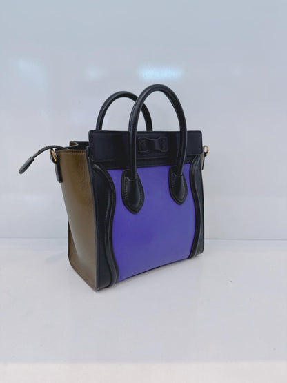 BRIGHT BLUE TRICOLOR LEATHER NANO LUGGAGE TOTE BAG