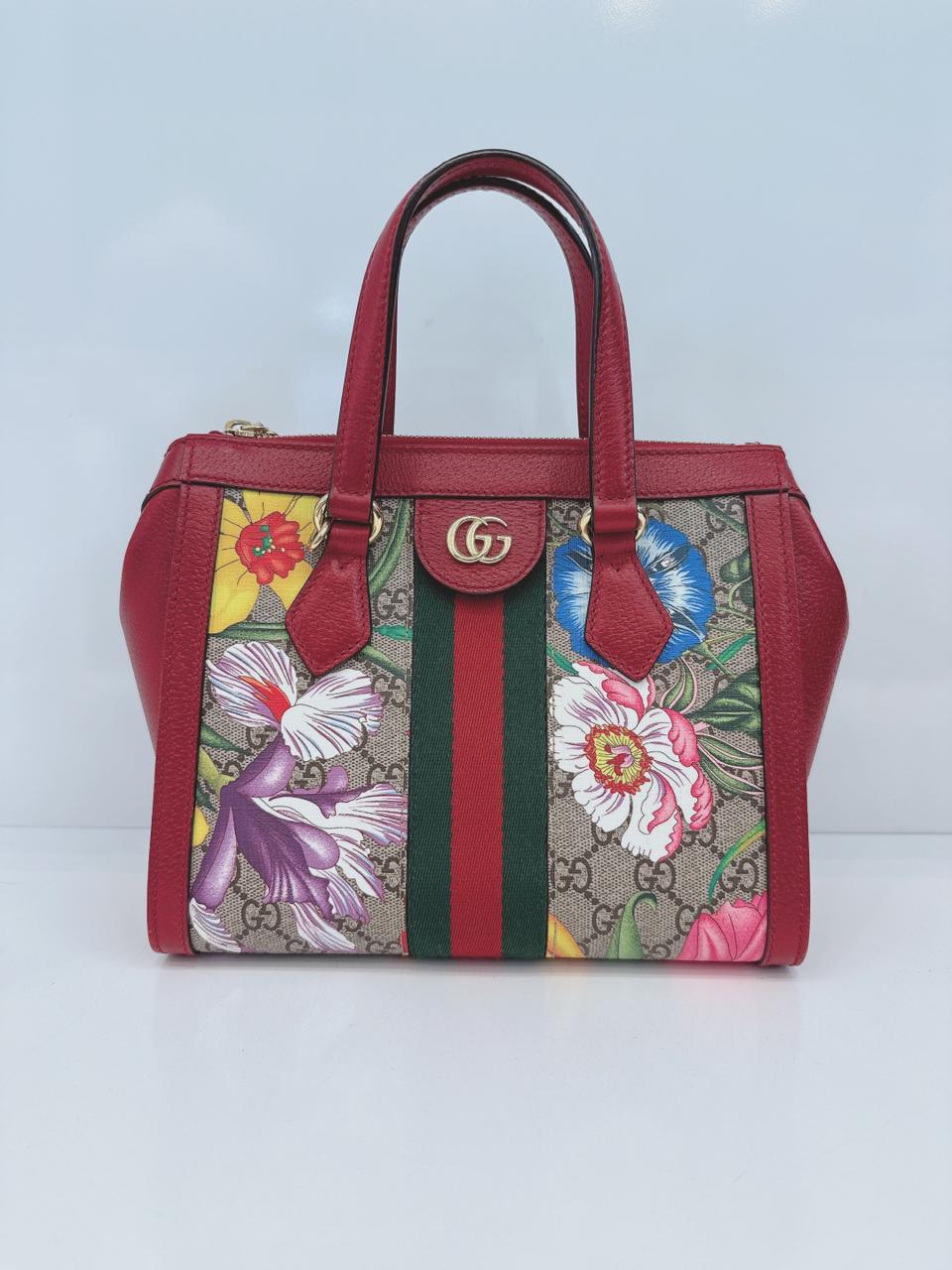 GG SUPREME CANVAS RED MULTICOLOR WEB SMALL OPHIDIA TOTE BAG