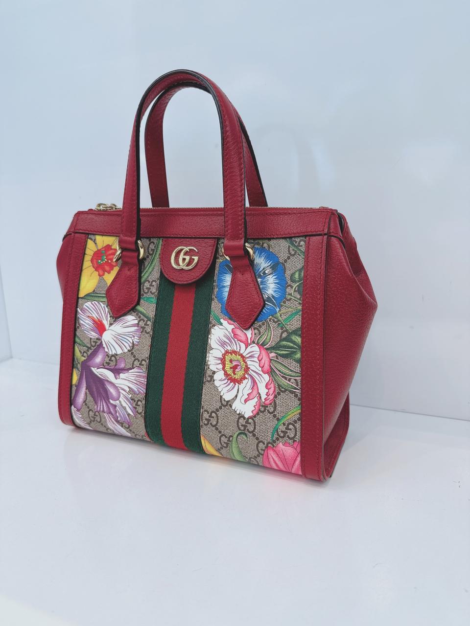 GG SUPREME CANVAS RED MULTICOLOR WEB SMALL OPHIDIA TOTE BAG