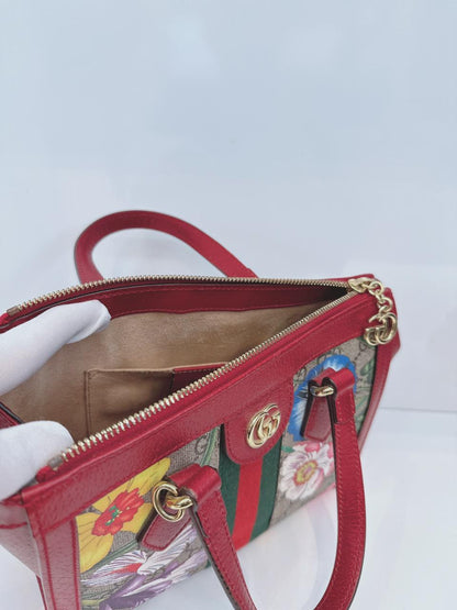 GG SUPREME CANVAS RED MULTICOLOR WEB SMALL OPHIDIA TOTE BAG