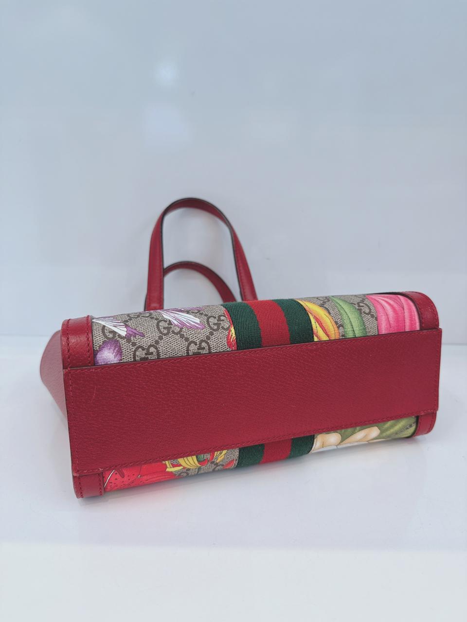 GG SUPREME CANVAS RED MULTICOLOR WEB SMALL OPHIDIA TOTE BAG
