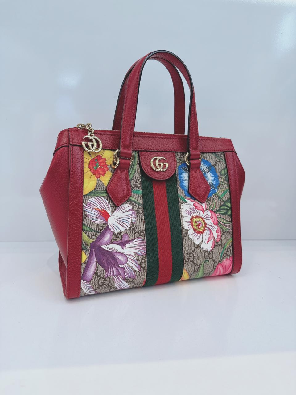 GG SUPREME CANVAS RED MULTICOLOR WEB SMALL OPHIDIA TOTE BAG