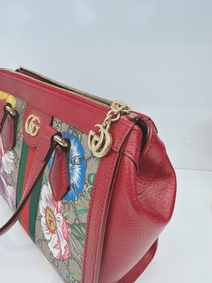 GG SUPREME CANVAS RED MULTICOLOR WEB SMALL OPHIDIA TOTE BAG