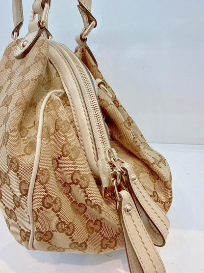 BEIGE WHITE GG CANVAS AND LEATHER SUKEY DOME BAG