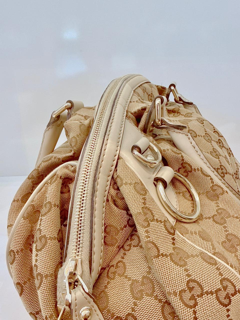 BEIGE WHITE GG CANVAS AND LEATHER SUKEY DOME BAG