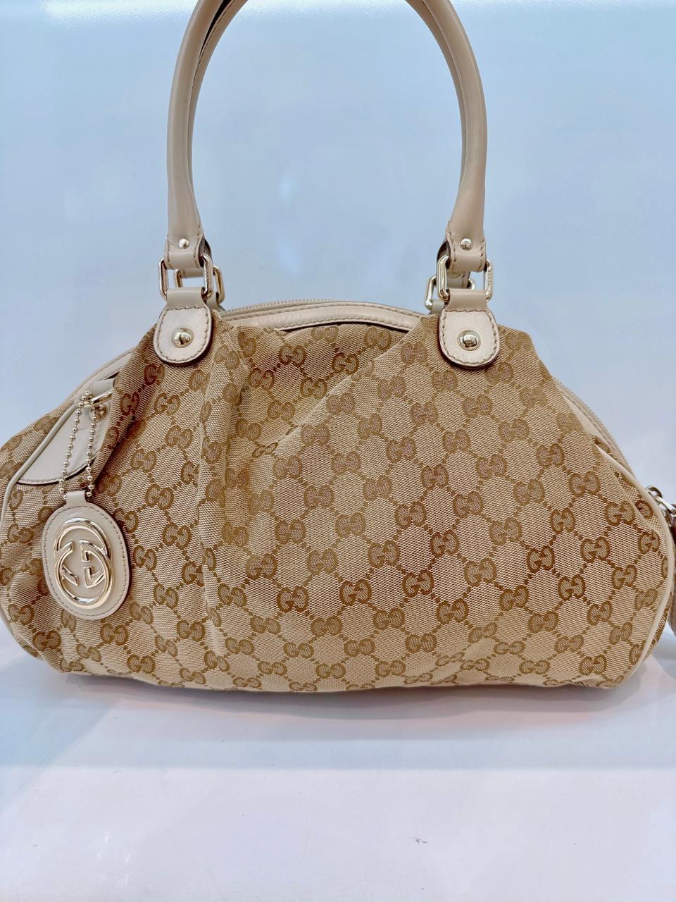 BEIGE WHITE GG CANVAS AND LEATHER SUKEY DOME BAG
