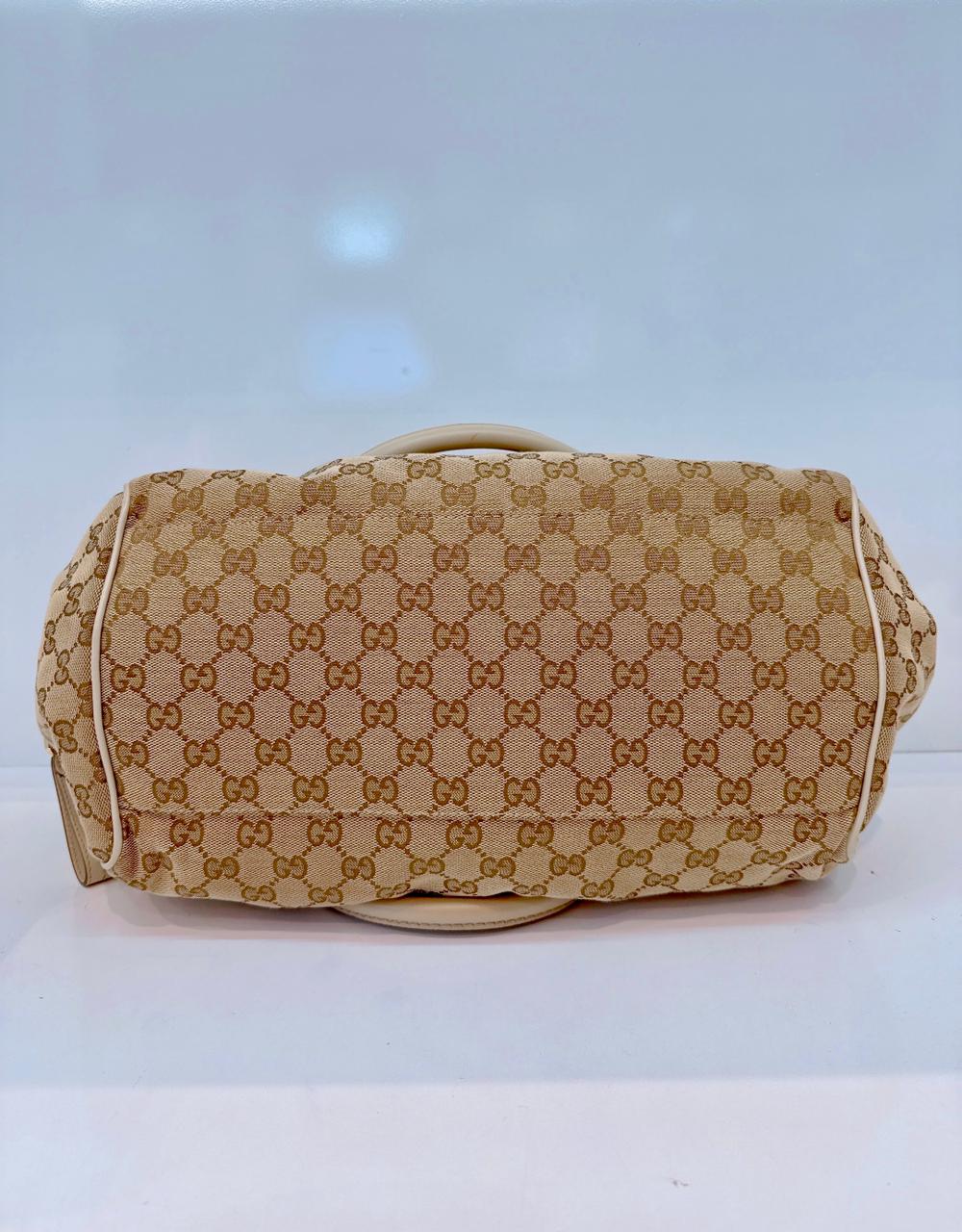 BEIGE WHITE GG CANVAS AND LEATHER SUKEY DOME BAG