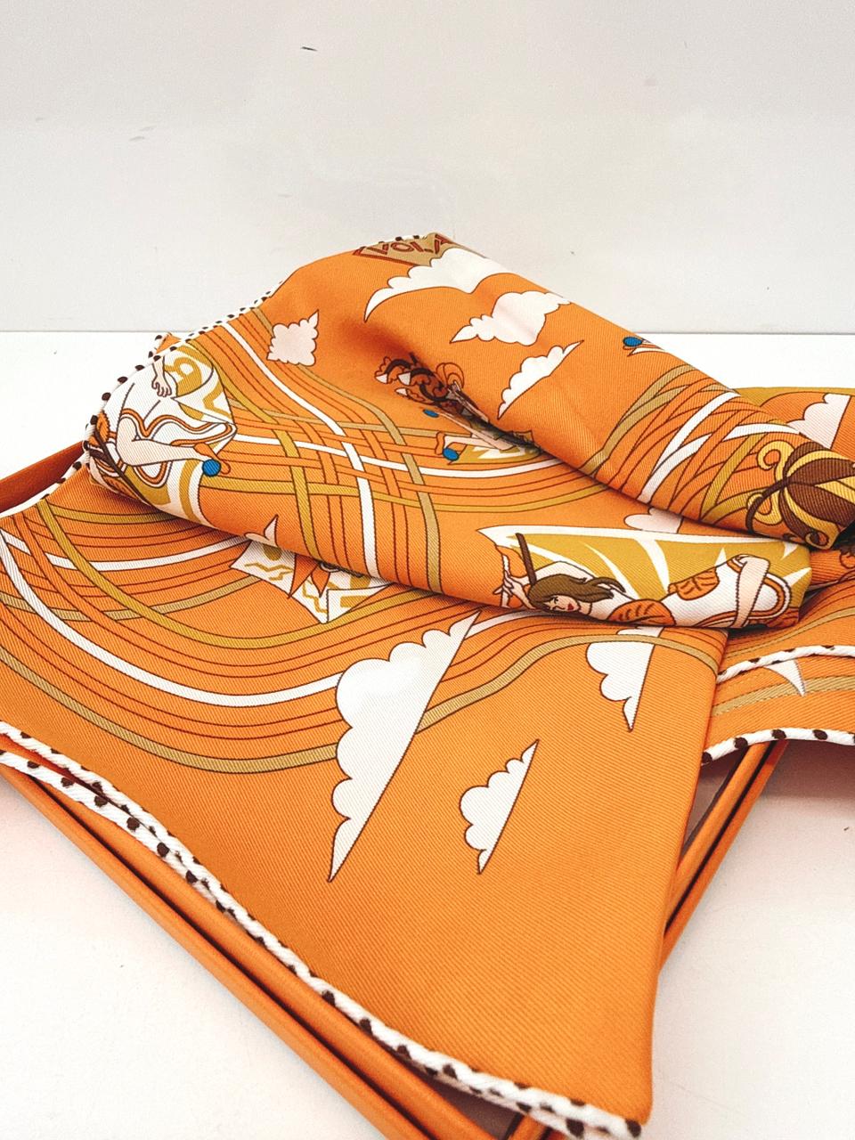 ORANGE MULTICOLOR CARRES VOLANTS SILK SCARF 70