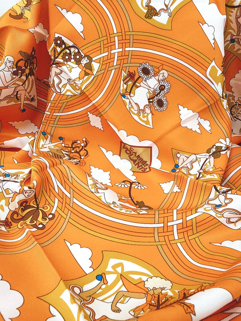 ORANGE MULTICOLOR CARRES VOLANTS SILK SCARF 70