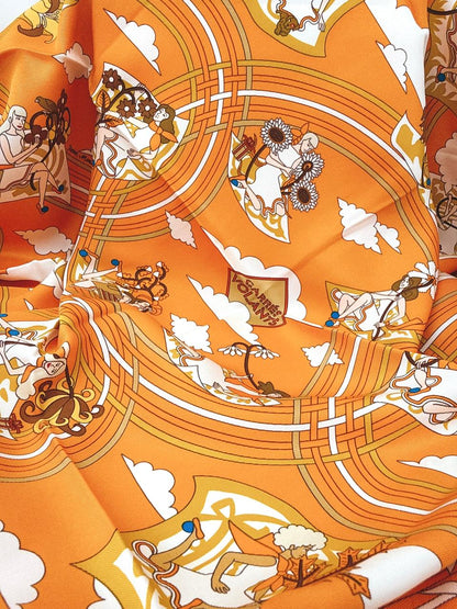 ORANGE MULTICOLOR CARRES VOLANTS SILK SCARF 70