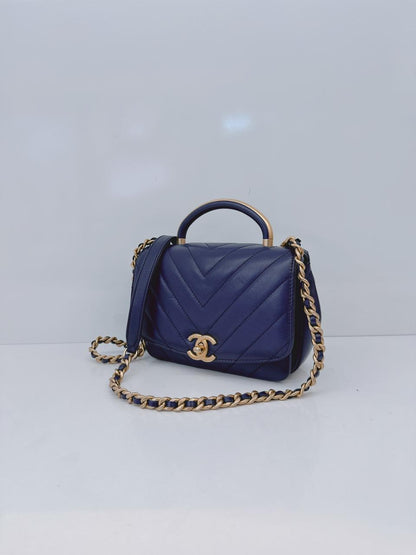 BLUE CHEVRON LEATHER CC MINI 2WAY TOP HANDLE FLAP BAG