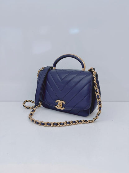 BLUE CHEVRON LEATHER CC MINI 2WAY TOP HANDLE FLAP BAG