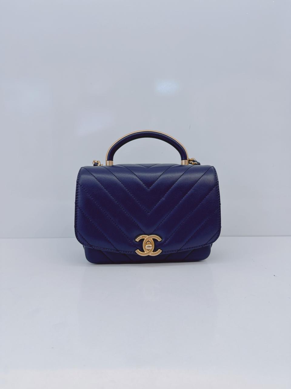 BLUE CHEVRON LEATHER CC MINI 2WAY TOP HANDLE FLAP BAG