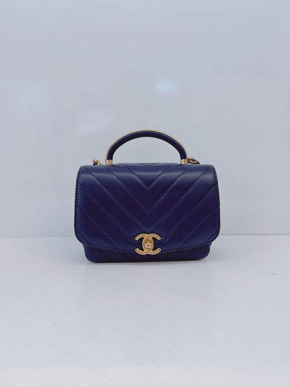 BLUE CHEVRON LEATHER CC MINI 2WAY TOP HANDLE FLAP BAG
