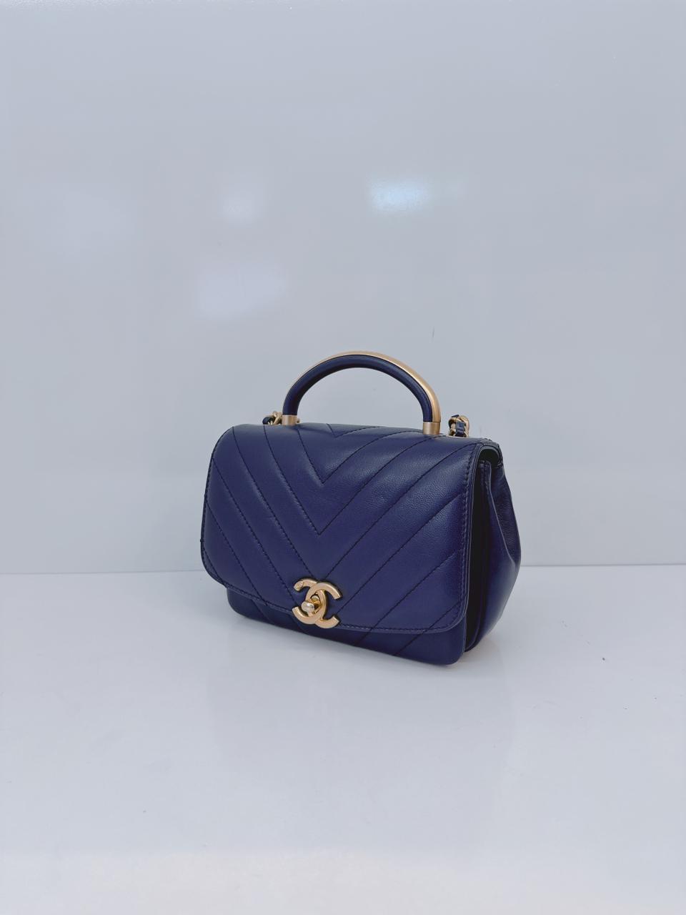 BLUE CHEVRON LEATHER CC MINI 2WAY TOP HANDLE FLAP BAG