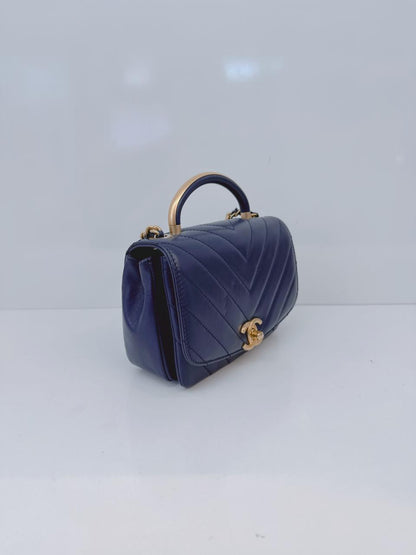 BLUE CHEVRON LEATHER CC MINI 2WAY TOP HANDLE FLAP BAG