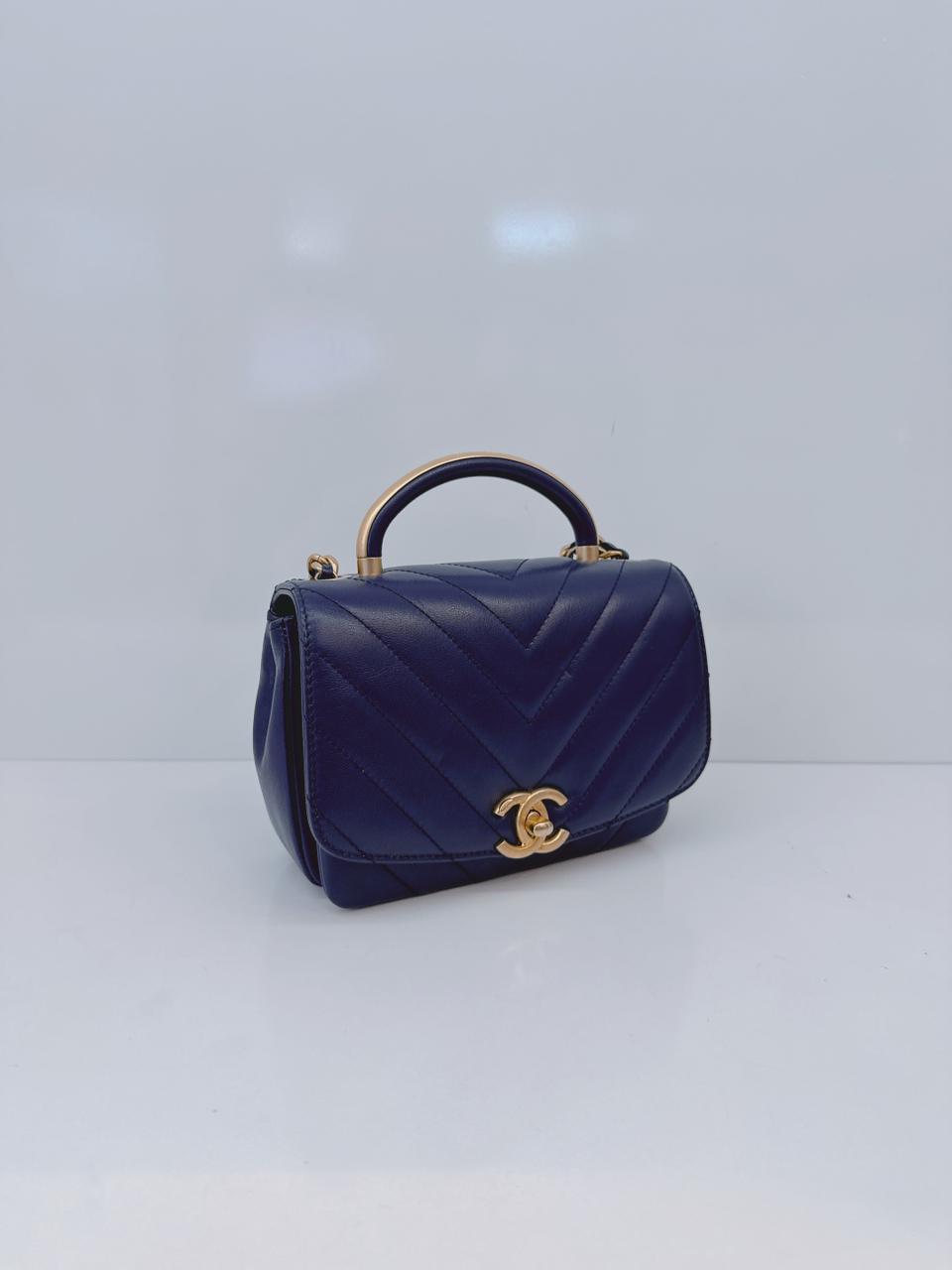 BLUE CHEVRON LEATHER CC MINI 2WAY TOP HANDLE FLAP BAG