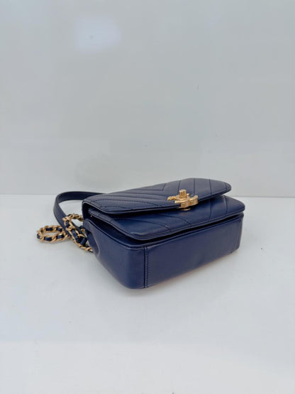 BLUE CHEVRON LEATHER CC MINI 2WAY TOP HANDLE FLAP BAG