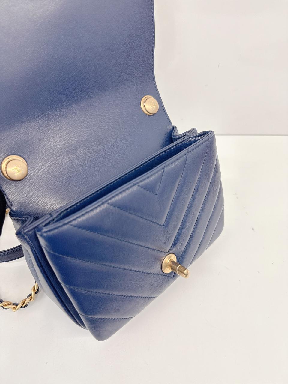 BLUE CHEVRON LEATHER CC MINI 2WAY TOP HANDLE FLAP BAG
