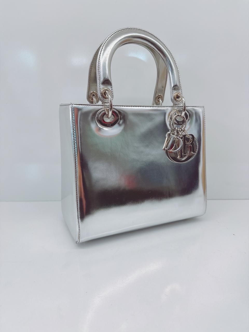 SILVER PATENT LEATHER MEDIUM LADY DIOR BAG