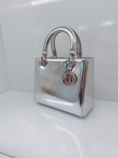 SILVER PATENT LEATHER MEDIUM LADY DIOR BAG