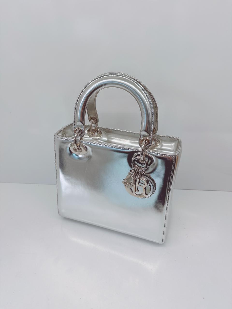 SILVER PATENT LEATHER MEDIUM LADY DIOR BAG