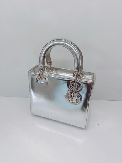 SILVER PATENT LEATHER MEDIUM LADY DIOR BAG
