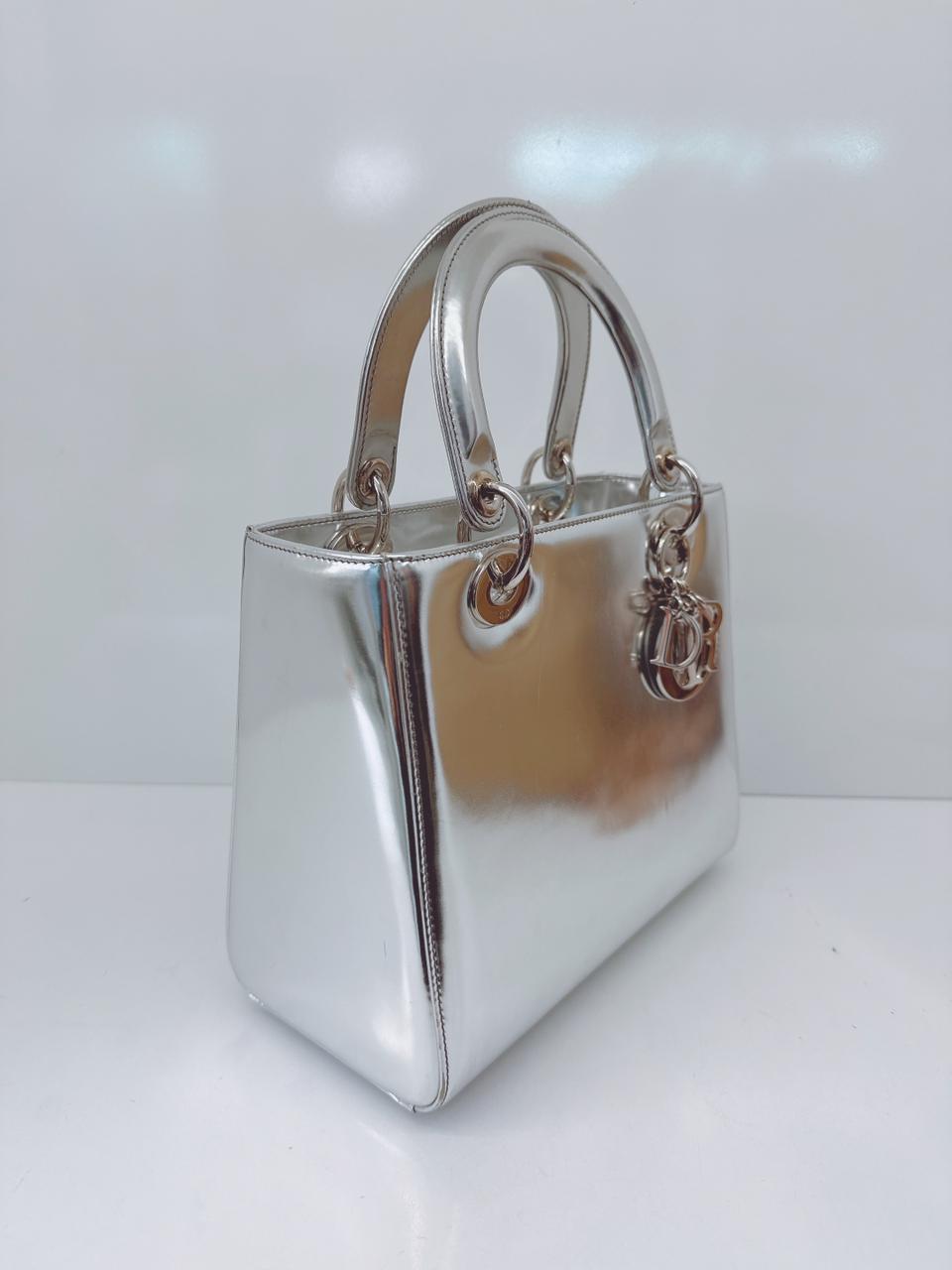 SILVER PATENT LEATHER MEDIUM LADY DIOR BAG