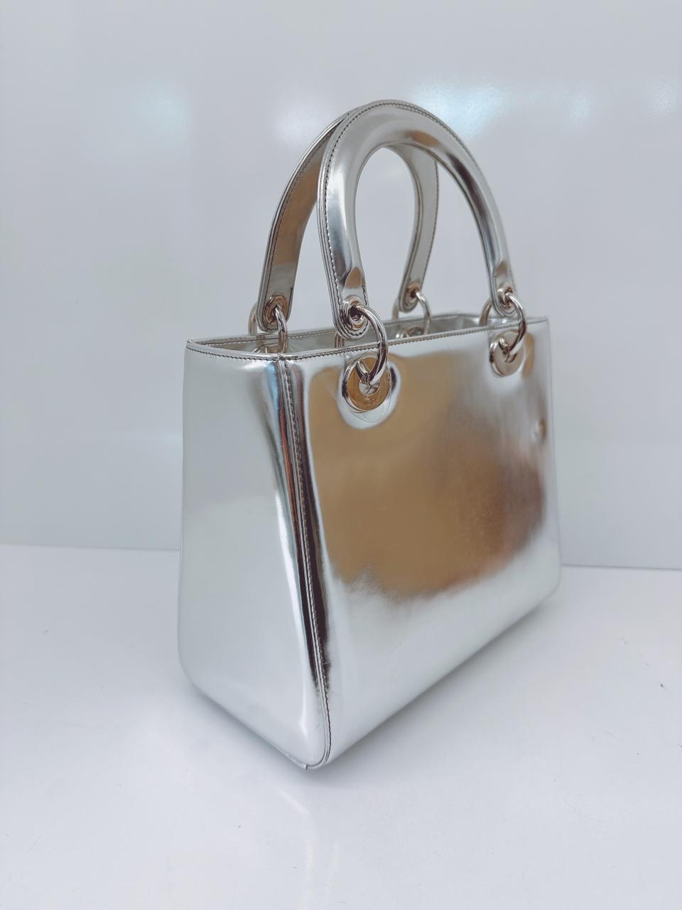 SILVER PATENT LEATHER MEDIUM LADY DIOR BAG