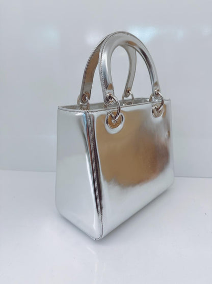 SILVER PATENT LEATHER MEDIUM LADY DIOR BAG