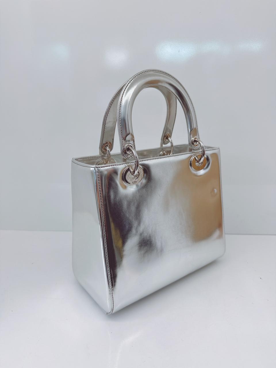 SILVER PATENT LEATHER MEDIUM LADY DIOR BAG