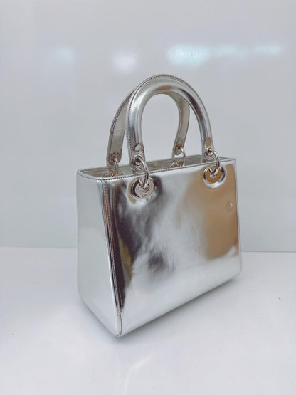 SILVER PATENT LEATHER MEDIUM LADY DIOR BAG